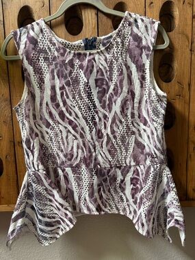 Vintage paper tag Euro Style purple and white top with asymmetrical fair edge
